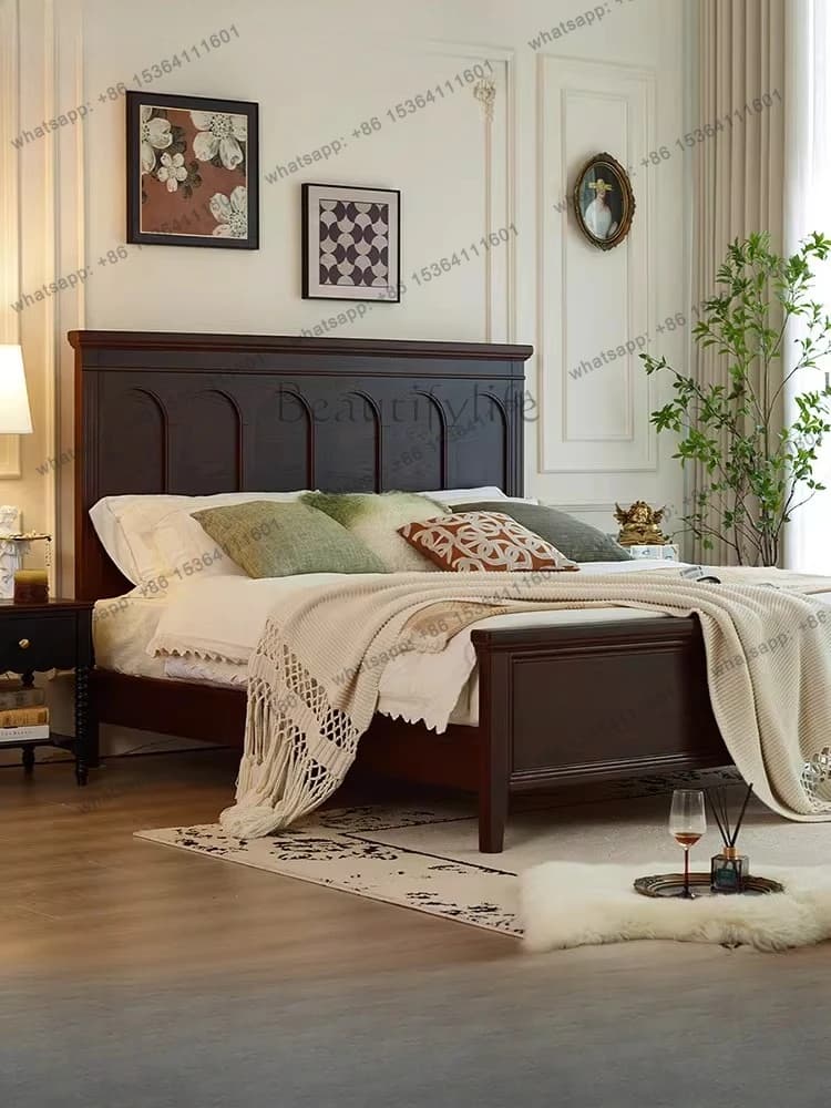 American French vintage style solid wood flat head bed Walnut color large bed