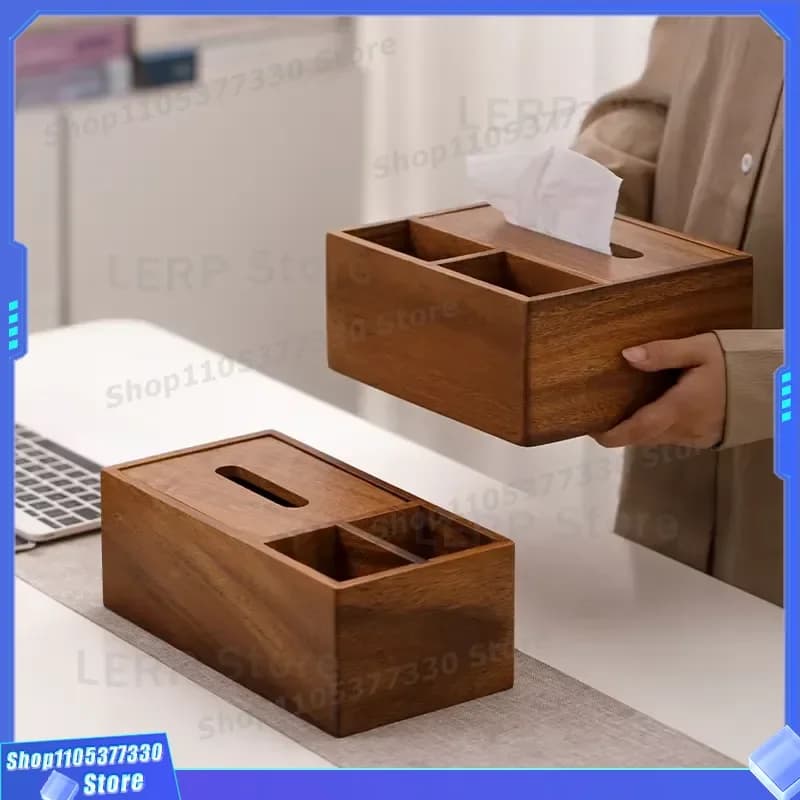 Luxury Walnut Tissue Box with Multi Grid Storage Tray for Remote Control Phone Pen Holder Desktop Organizer Dining Table