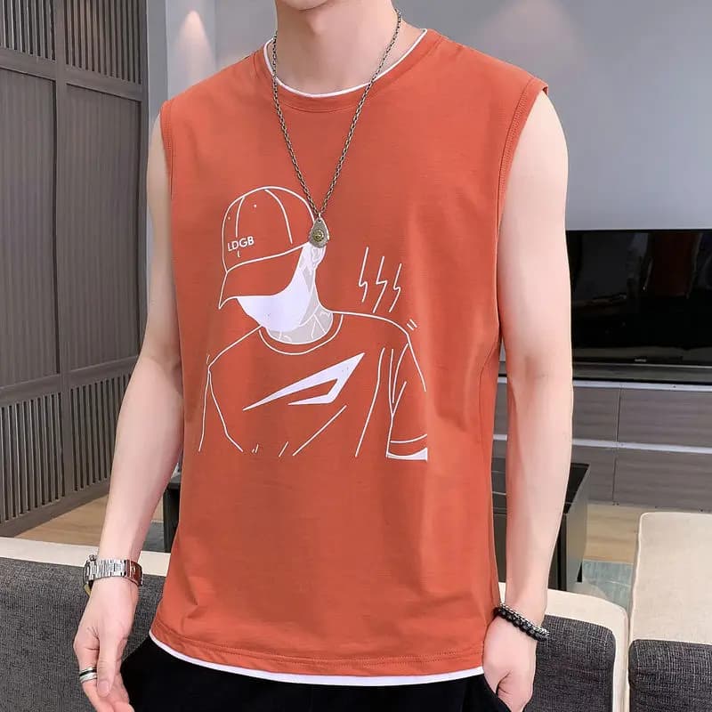 Fashion O-Neck Printed Casual Tank Top T-Shirts Men's Clothing Summer New Loose All-match Tops Korean Sleeveless Tee Shirt