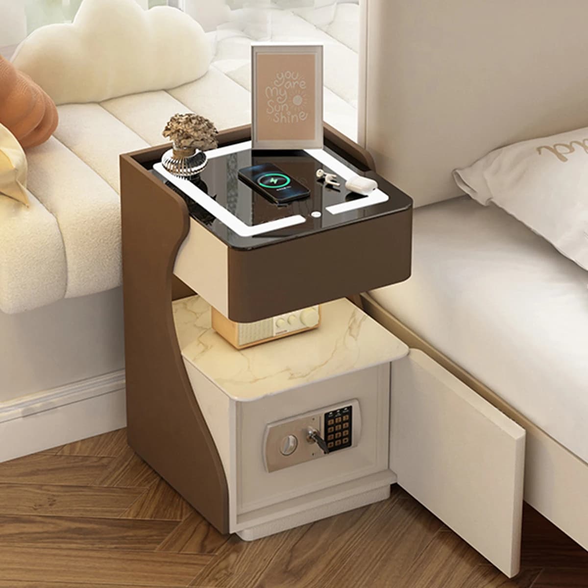 SAT. Lockable Smart Bedside Table with Secure Versatile Leather Bedside Table Modern Rechargeable Secure Bedside Table with