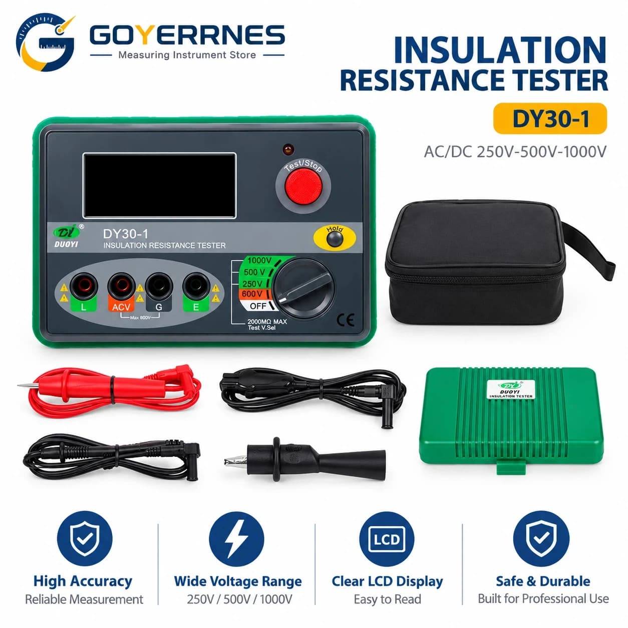 Insulation Resistance Tester Megohmmeter 1000V 200MΩ AC Voltage Meter for Motor Cable Transformer Maintenance
