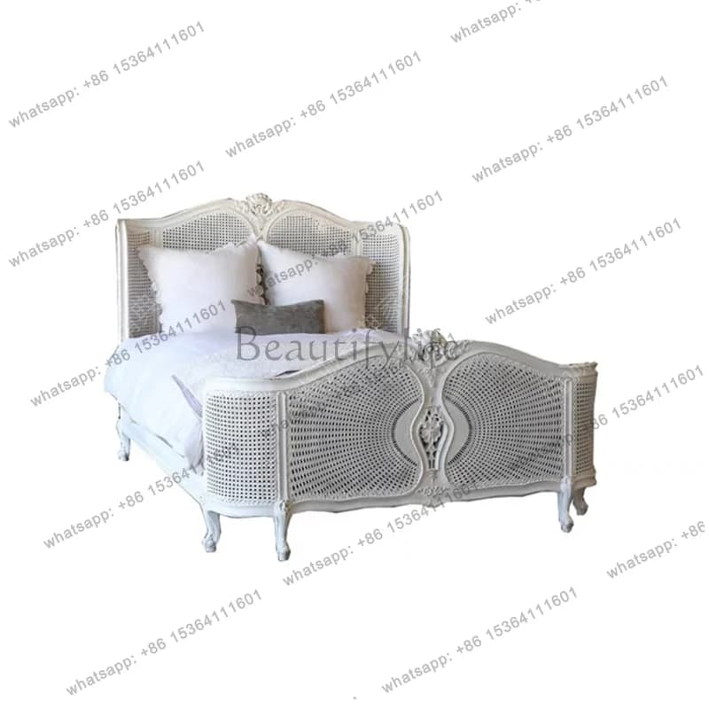 American French solid wood retro bedroom rattan art double bed 1.8 meters can be customized