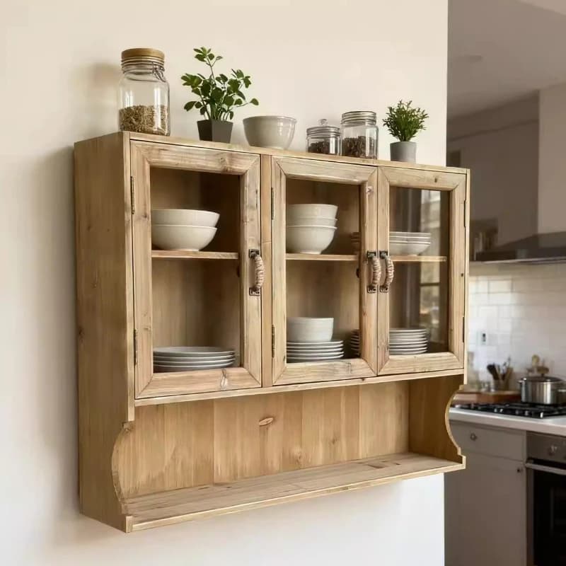 Rustic Solid Wood Wall Cabinet Vintage Display Storage Cupboard Multipurpose Dolls Books Storage Kitchen Living Room Decor