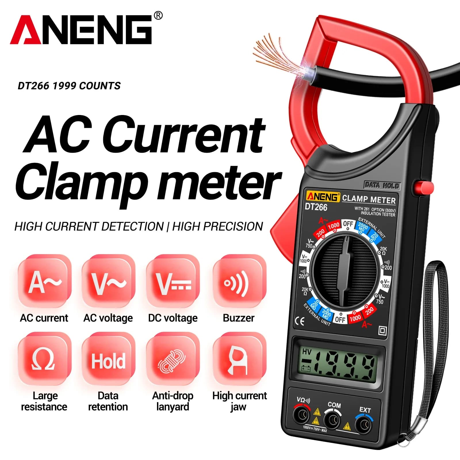 Digital Clamp Meter 1000A High Current 750V AC Voltage 1000V DC Voltage Detection Electrician Maintenance Tool ANENG DT266-8