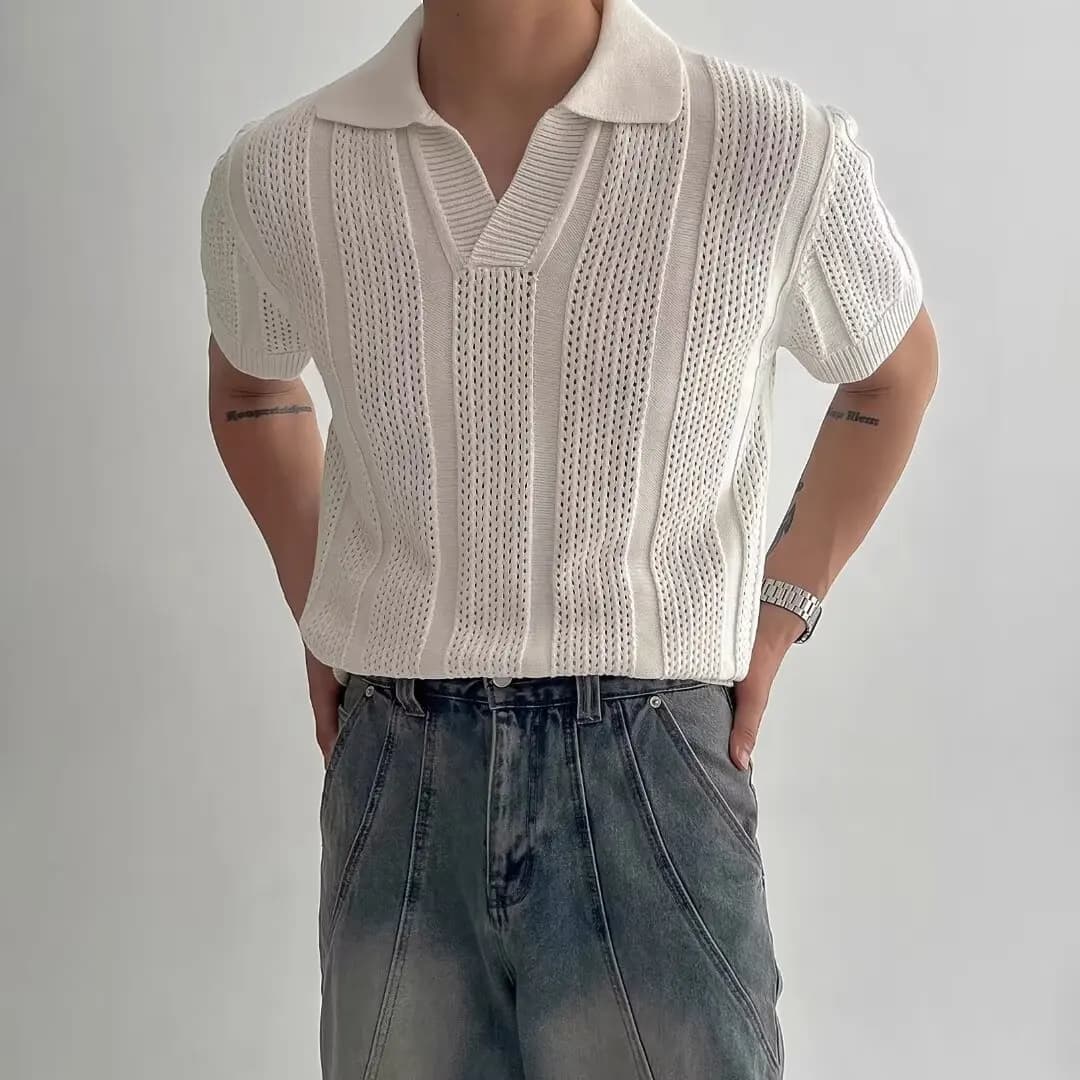 2026 New Summer Men's Fashion Hollow Out Polo Shirt Casual Solid Color Half Sleeve High Quality Knitted T Shirt Loose Trendy Top