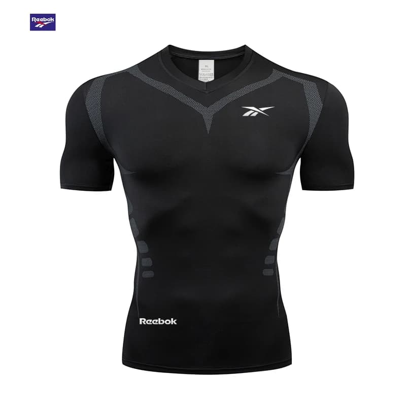 Reebok logo men's running tight-fitting sports shirt-quick-drying football short-sleeved shirt-casual sportswear-excellent breat