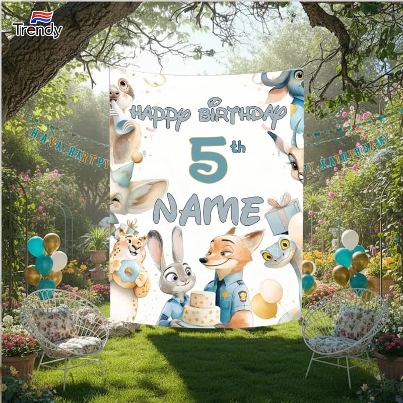 Judy Rabbit Nick Fox Birthday Background Girl Custom Birthday Backdrop Banner Flag Banners Personalized Name Custom Decor Kids