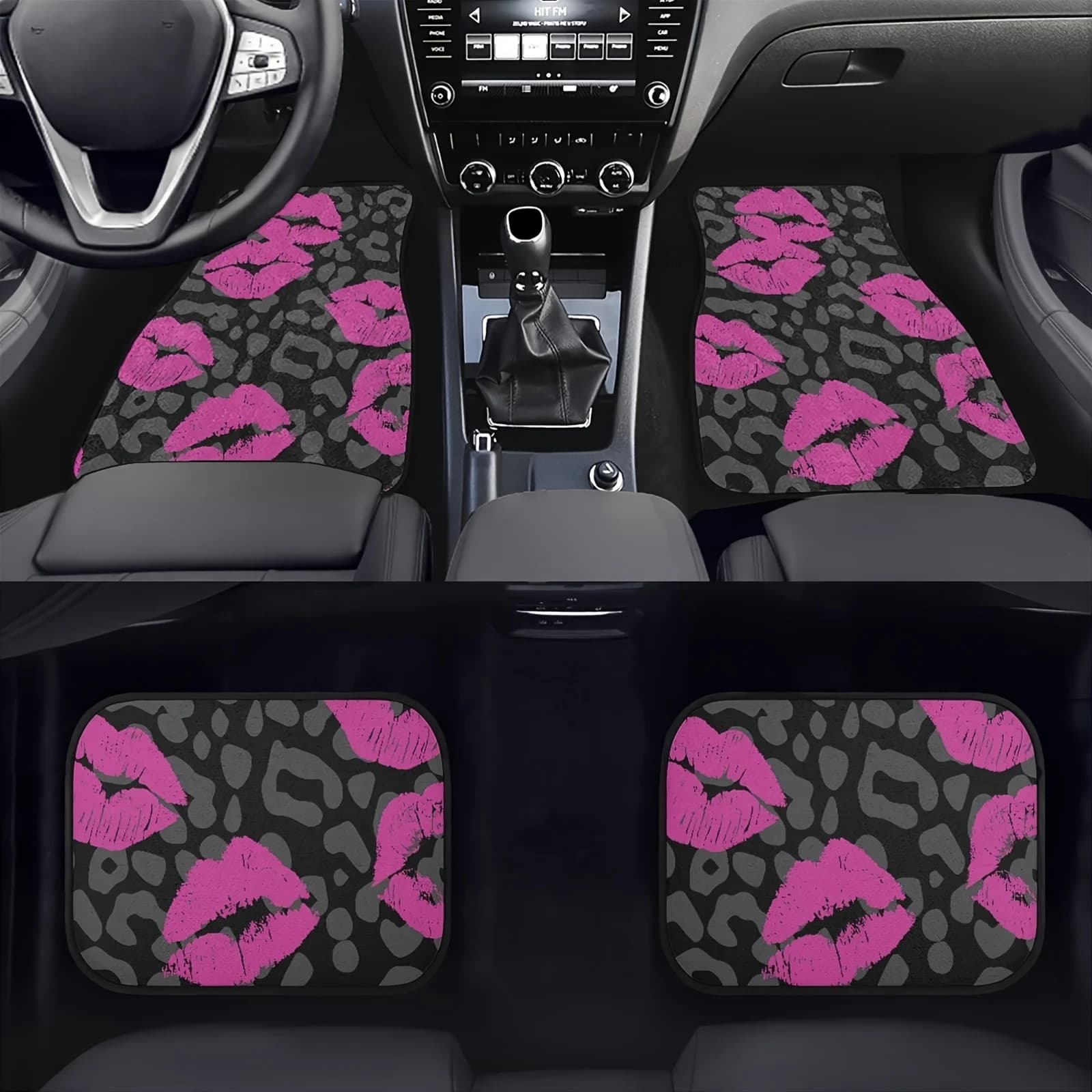 A Set of Four Car Mats Suitable for All Vehicle Types, Featuring Pink Lips And Leopard Print Designs,Women Interior Accessories.