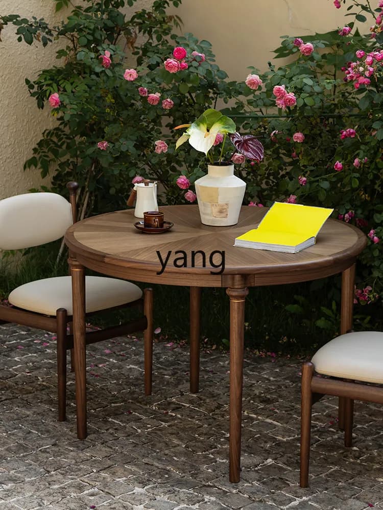 LMM French retro round black walnut dining table restaurant solid wood small round table