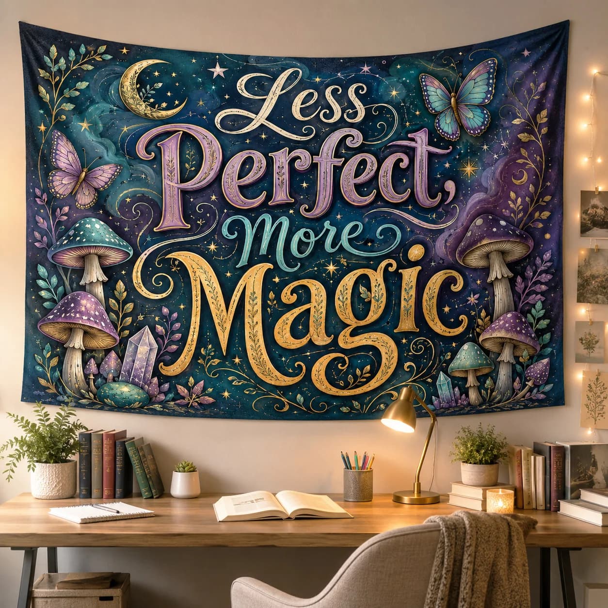 Less Perfect More Magic Wall Tapestry Mushroom Butterfly Fairy Quote Hanging Decor for Dorm Bedroom Birthday Gift Party Backdrop