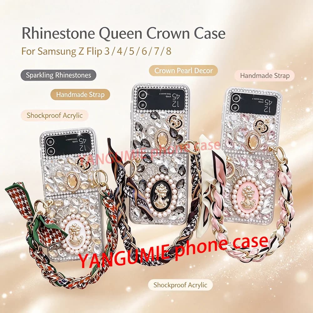 Suitable for Samsung Z Flip3-8 phone case, Queen crown fully encrusted, foldable screen, full coverage protective case for women