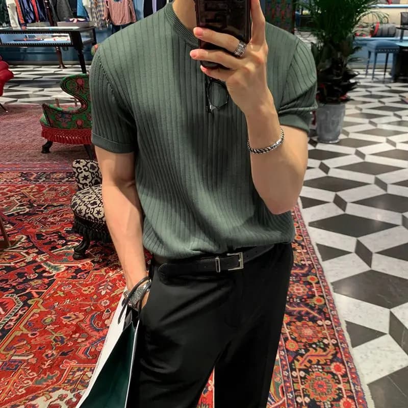Thin Striped Short Sleeve Knitted Sweater Men's Summer Slim Fit Elastic Crew Neck Knitted T-Shirt