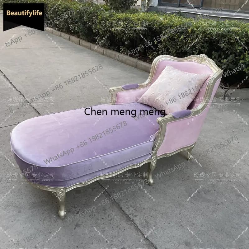 D80 French style daughter wind all solid wood chaise longue living room bedroom flannel heavy industry carved recliner