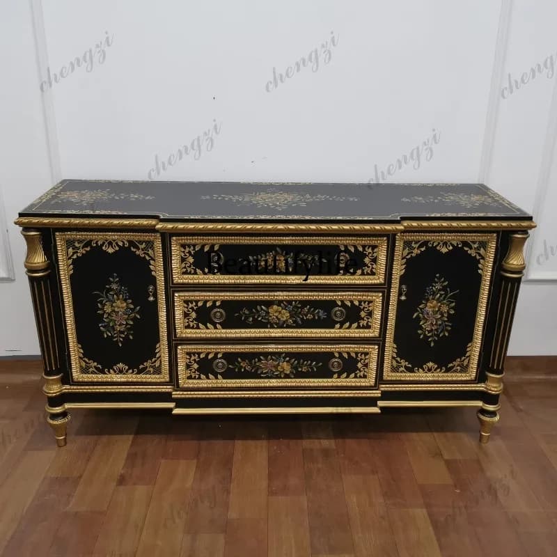High-end French retro hand-painted gold-painted entrance cabinet, living room dining side cabinet, storage cabinet