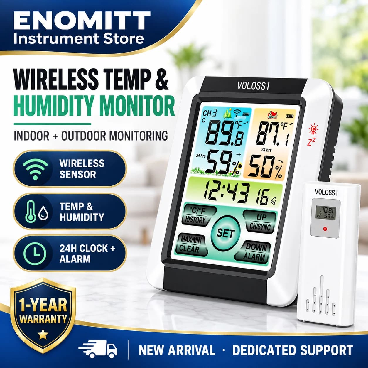 Wireless Indoor Outdoor Weather Station Digital Thermometer Hygrometer, 433MHz Remote Sensor 328ft Range, Color LCD Max/Min