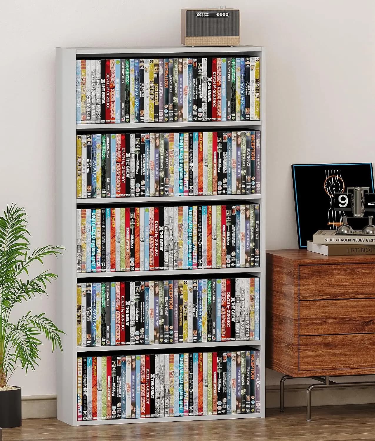 DVD Storage Rack Media Tower, 5 Tier Organizer Shelf for CDs, Video Games & Movies, Freestanding Cabinet for Living Room Home
