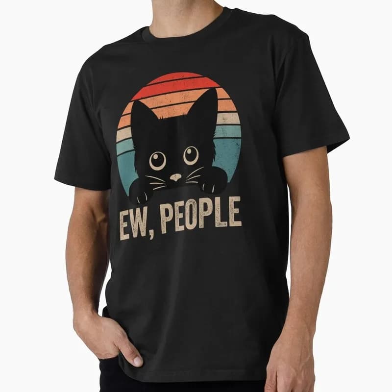 Ew People Funny Introvert Gift - Retro Black Cat Gift T Shirt for Cat Lover Tee Short Sleeve Cute Tops