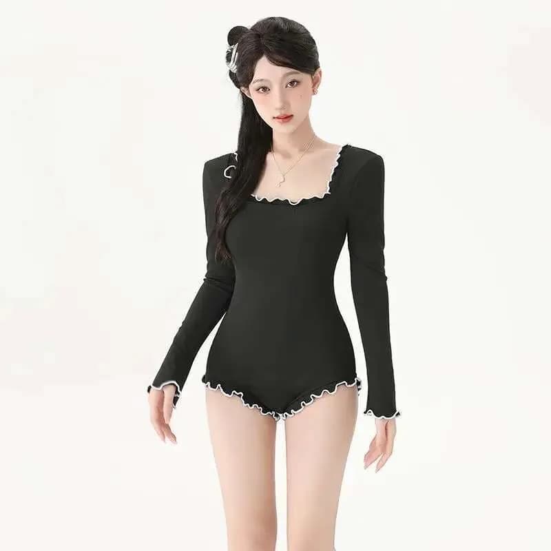 Women Breathable Swimsuit Square Neck OnePiece Shapewear Thin Design Long Sleeved Black fashion Ruffled Jumpsuit