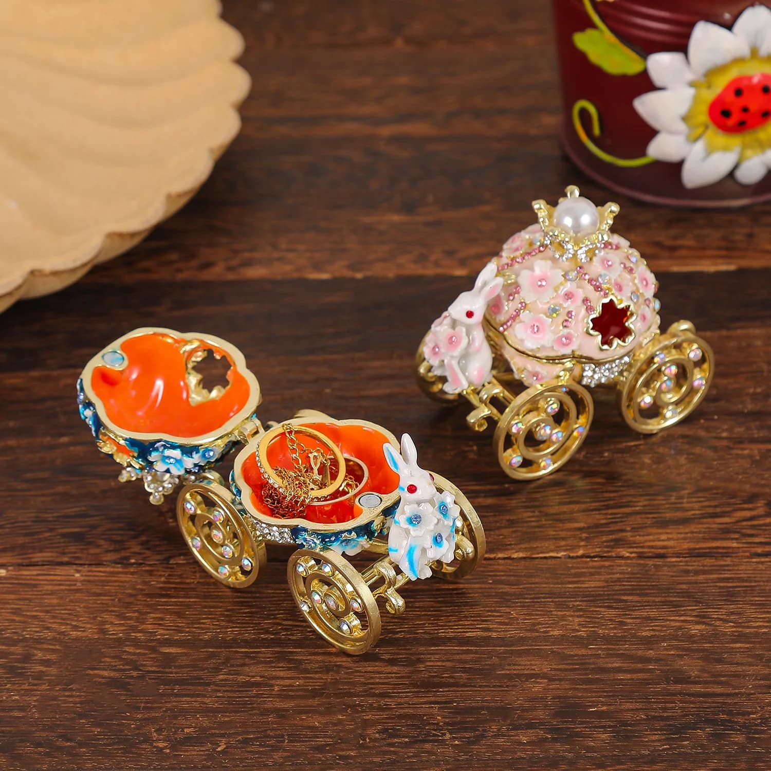 HYS Wedding Ring Box Cherry Blossom Rabbit Carriage Home Ornament Girl's Heart Gift Necklace Box Crown Jewelry Gift Box