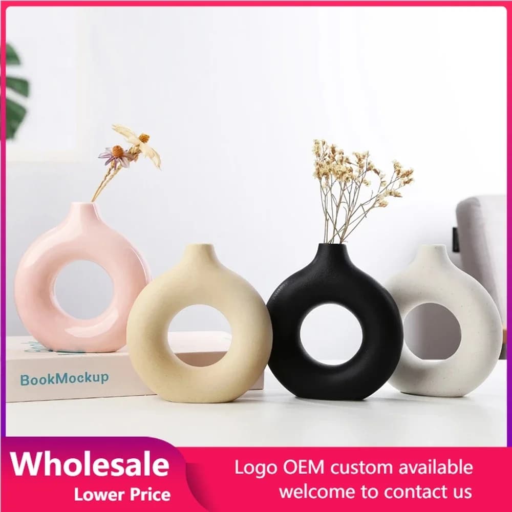 Nordic Vase Circular Donuts Flower Pot Ceramic Hollow Vase Interior Office Desktop Decor Home Living Creative Decoration Vase
