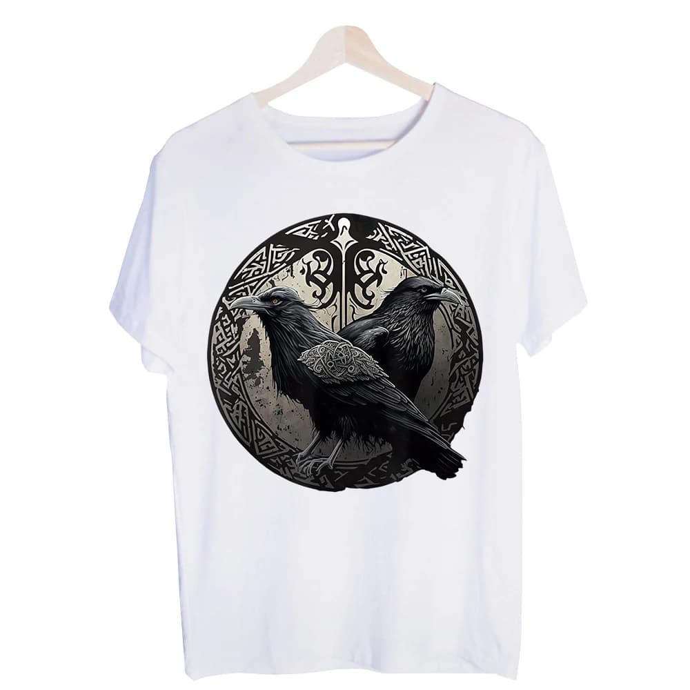 Men's Raven Graphic Tee, Short Sleeve Crew Neck T-Shirt with Norse-Inspired Design for Casual Streetwear and Daily Outfits