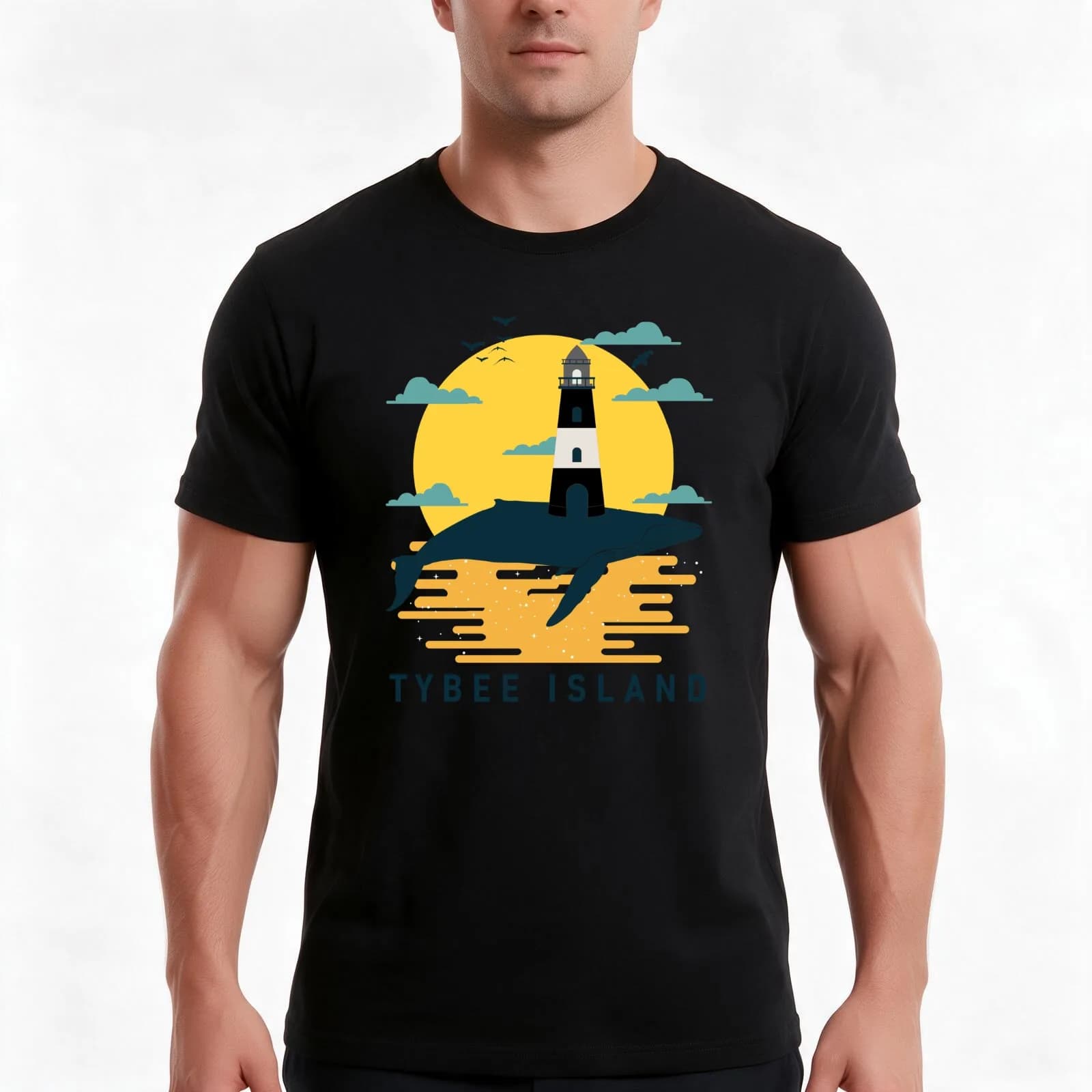 Tybee Island Georgia Lighthouse Nautical Whale Sunset T-Shirt, Summer Casual Cotton Tee, Oversized Streetwear Tops, 100% Cotton