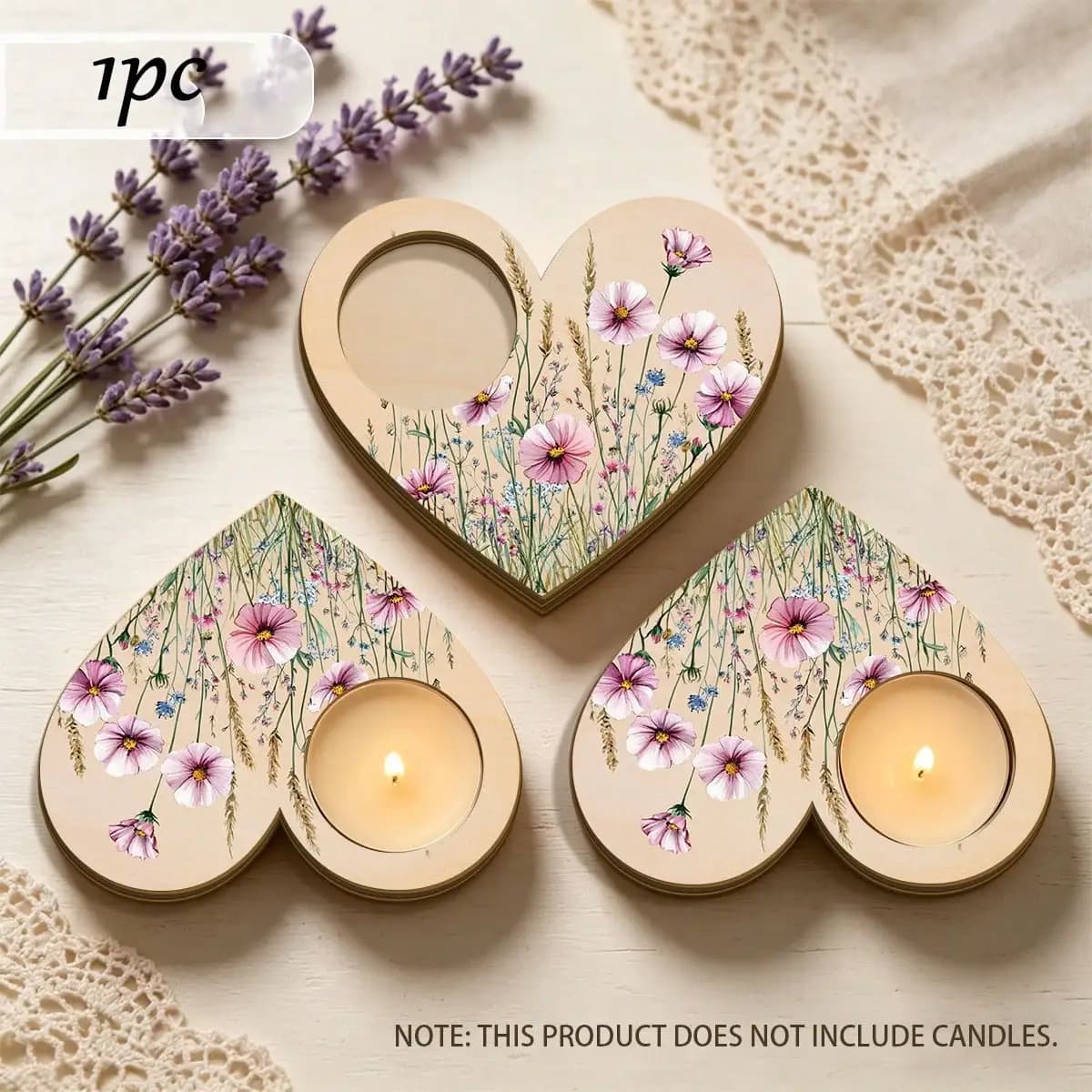 Heart-Shaped Wooden Tealight Candle Holder, Romantic Pastoral Style Table Centerpiece Decoration, Candles Not Included