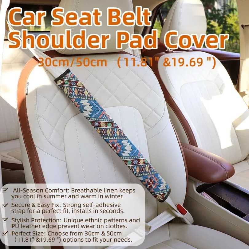 Bohemian-style linen car seat belt shoulder pads, available in 30 or 50cm, suitable for all seasons, easy to install