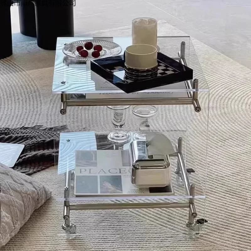 Nordic acrylic small coffee table, mobile cart  light luxury high sense medieval bedside table sofa side few creative