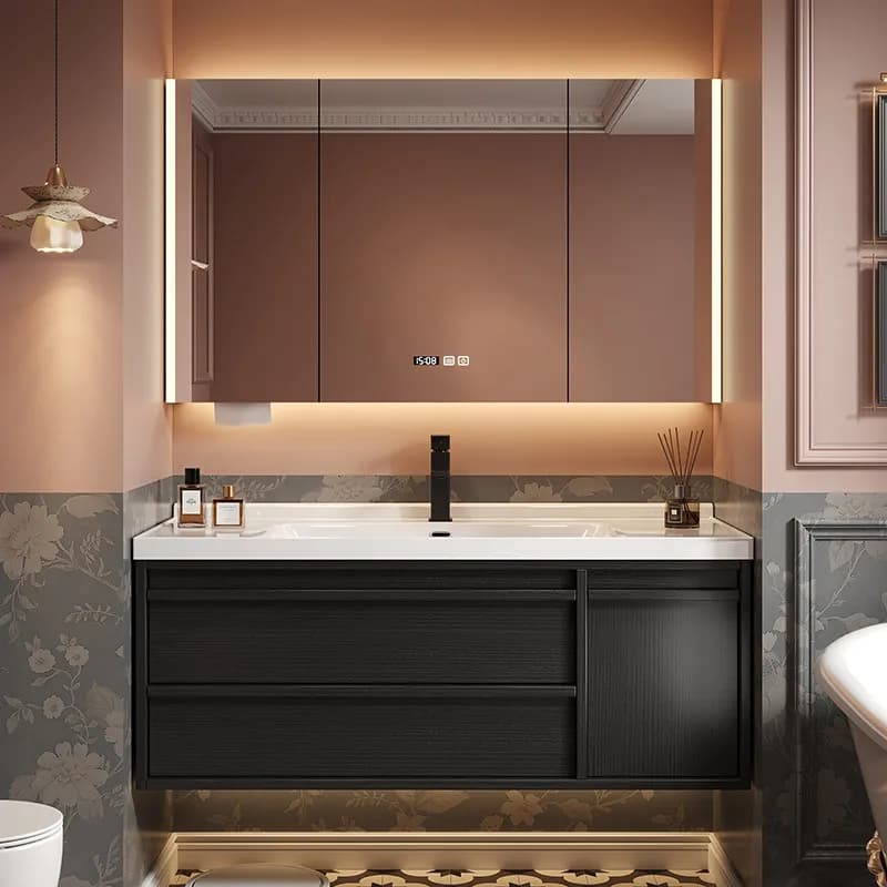 Black European Bathroom Cabinet Vintage Wooden Laundry Drawers Bathroom Cabinet Mirror Storage Luxury Mobiletto Bagno Furniture
