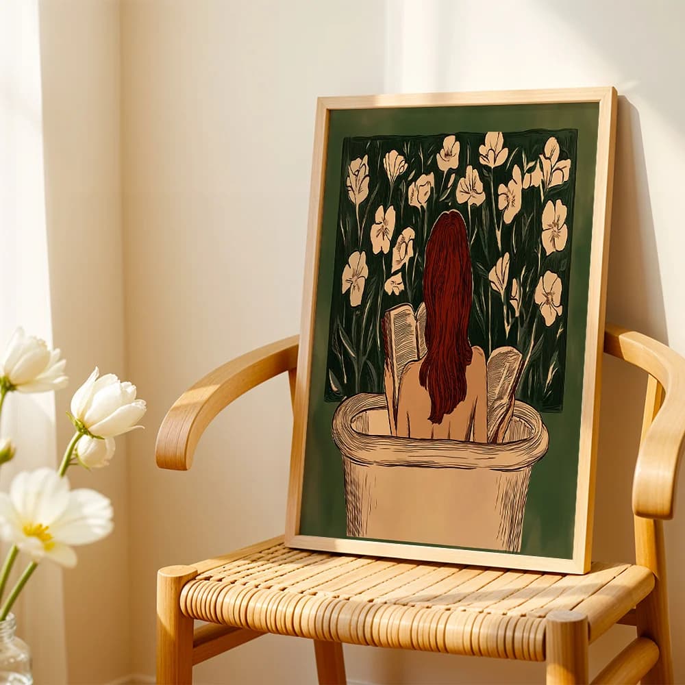Bohemian Woman Reading In Bathtub Canvas Poster Wall Art,2D Print Wall Decor,Aesthetic Home Gift For Bathroom And Bedroom