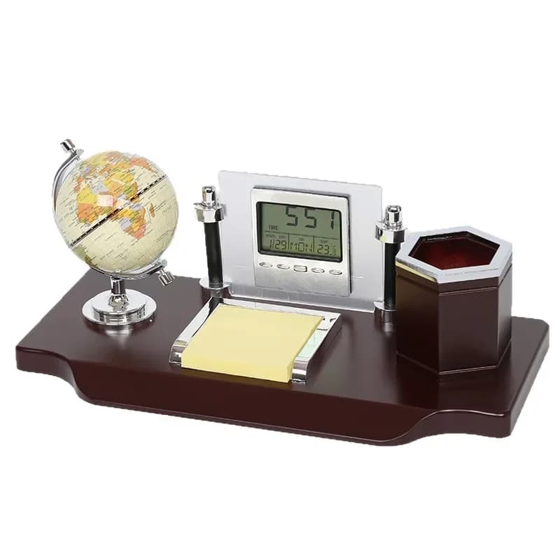 Solid wood with sticky note globe, clock table practical office ornament, business gift with pen holder