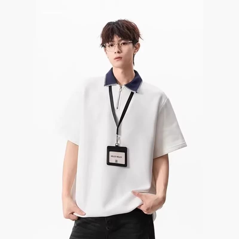 American Retro Half Zip Polo Shirt Tops 2026 Summer Fashion Men's Short Sleeved Casual Loose T-shirt Streetwear Men Clothing