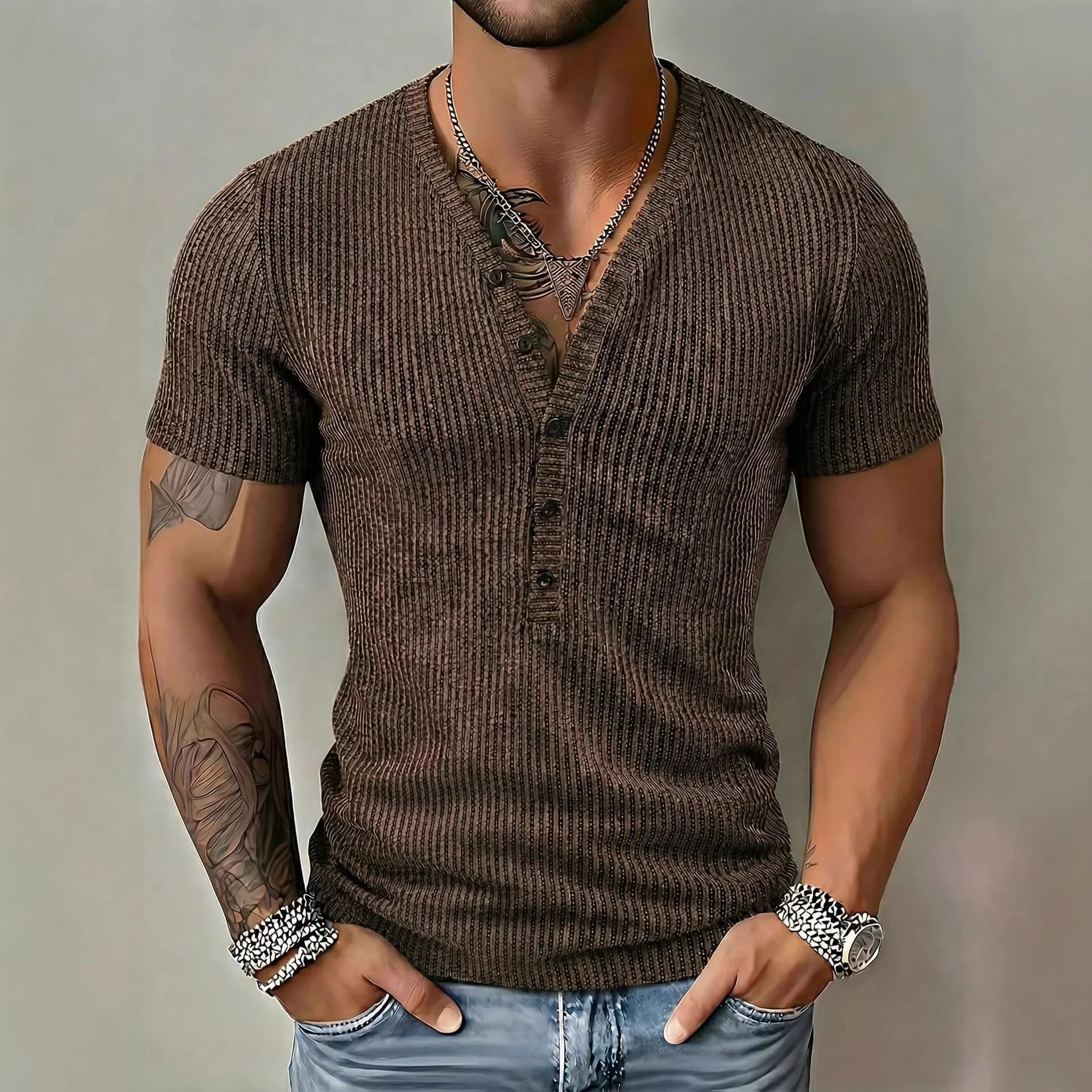 2026 Summer Men's V-Neck T-Shirt Top Solid Color Short Sleeve Henley Shirt