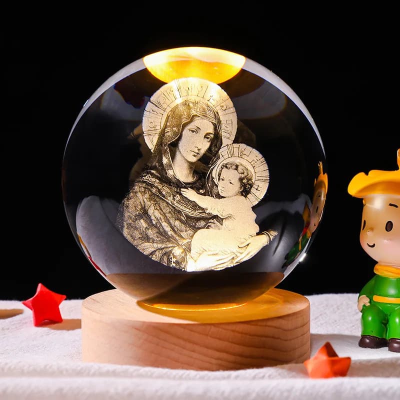 Christian Church Luminous Crystal Ball Ornament 8cm Plug-In Music Box 3D Carved Small Night Light Holiday Christmas Gift
