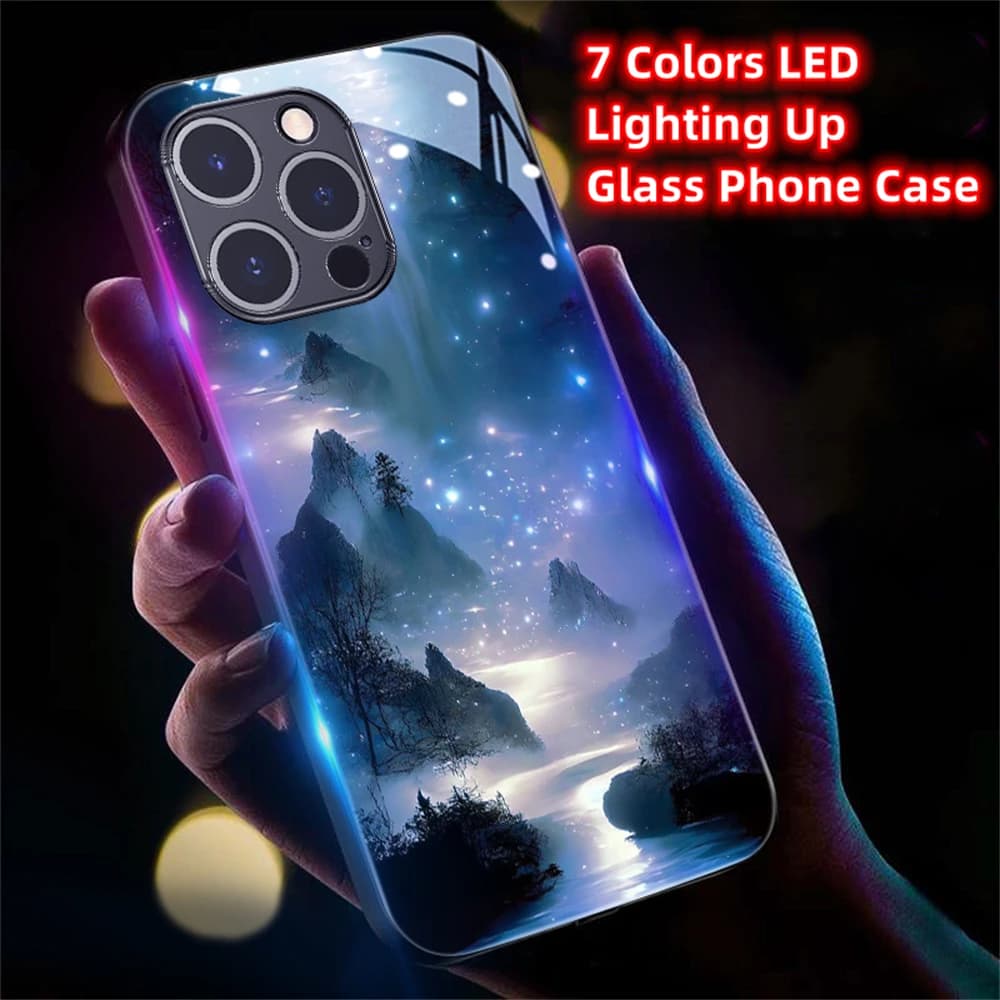 2026 Pretty Galaxy Beach Smart LED Light Glow Tempered Glass Phone Case For Samsung S26 S25 S24 S23 S22 S21 S20 FE Plus Ultra