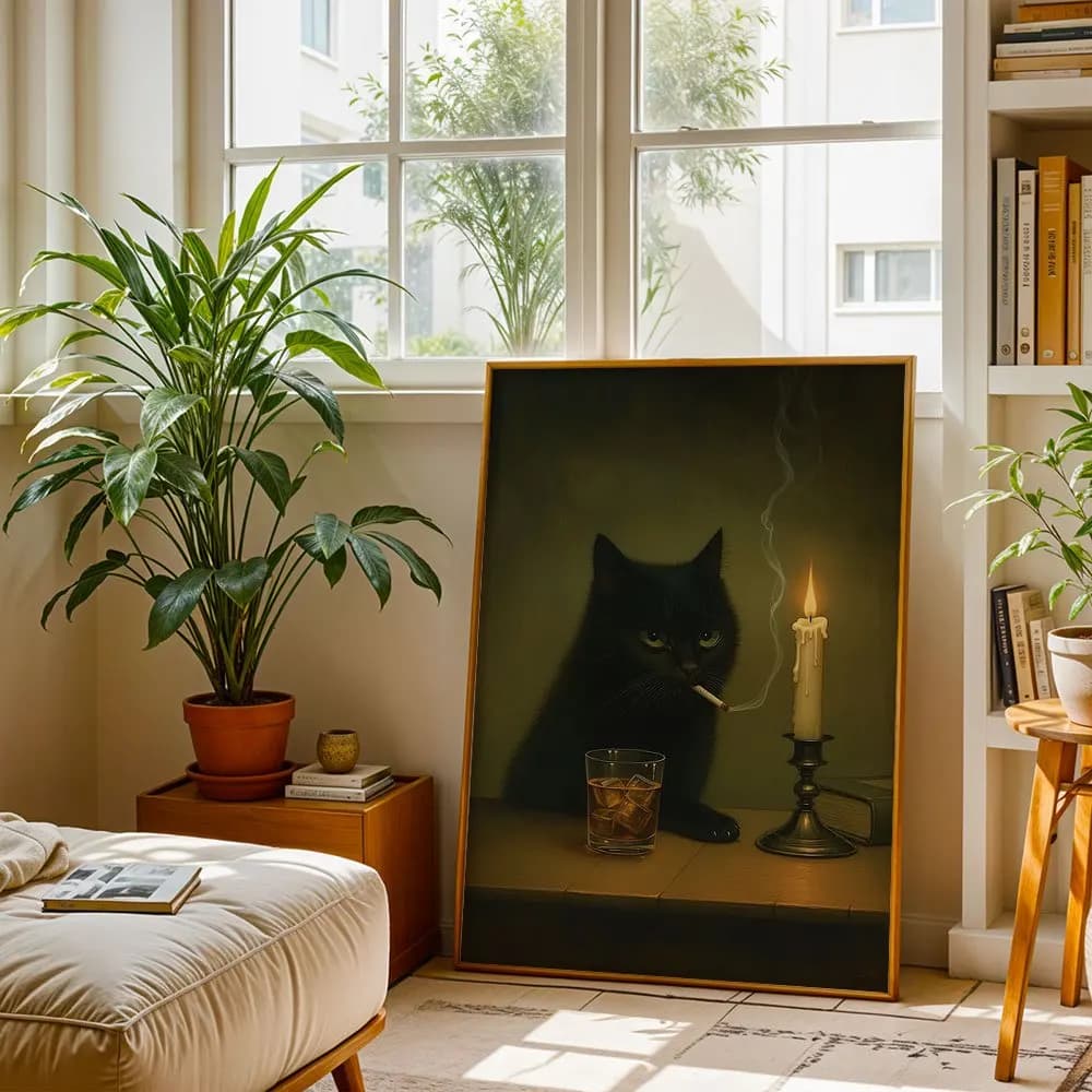 Abstract Vintage Black Cat With Candlelight Canvas Wall Decor Picture, 2D Printed Poster Wall Art, Aesthetic Home Decor For Livi