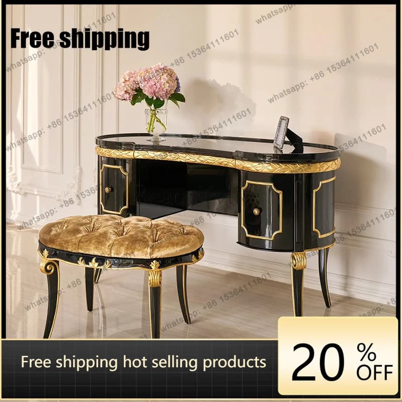 zj.Luxury Natural Vanity Table Dest Storage Gold Wood Vintage Makeup Vanity Desk Black Small Makeup Tafel Furniture For Bedrooms
