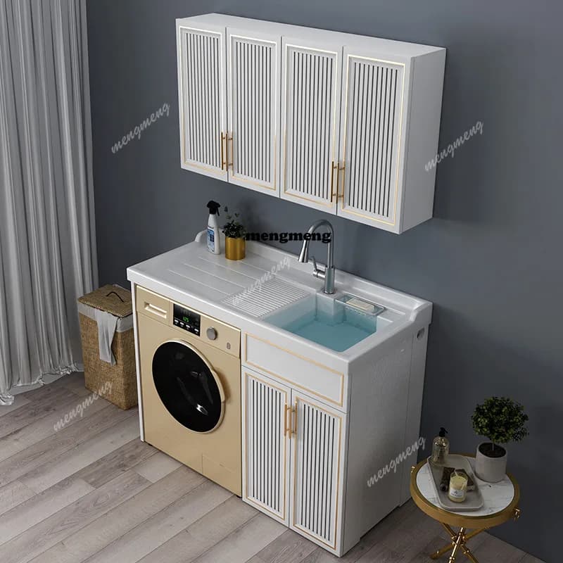 High-end with Washboard Laundry Cabinet Balcony Space Aluminum Laundry Living Room Cabinets Laundry Basin Furniture Armoire
