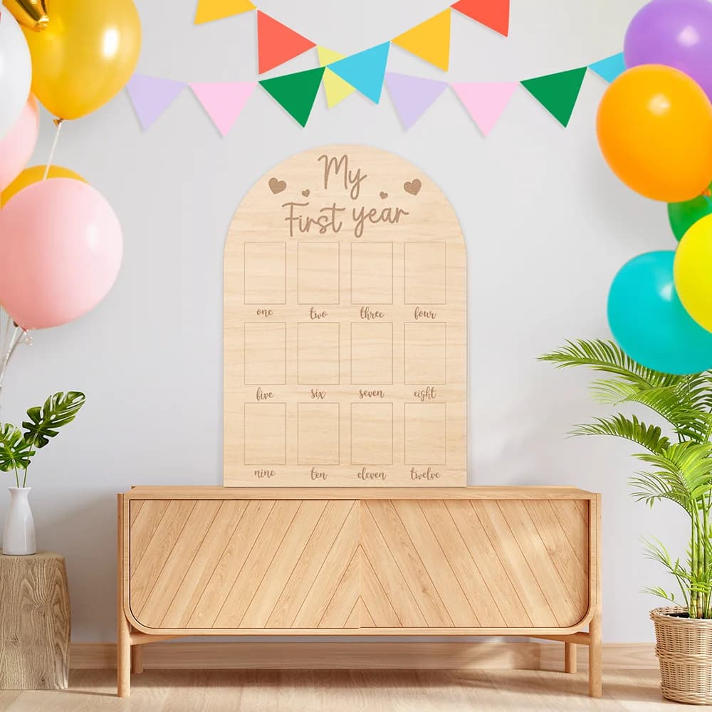Baby First Year Photo Board - Wooden Milestone Display 30x42.3cm, 12 Monthly Slots, Heart Design, Natural Wood Nursery Decor