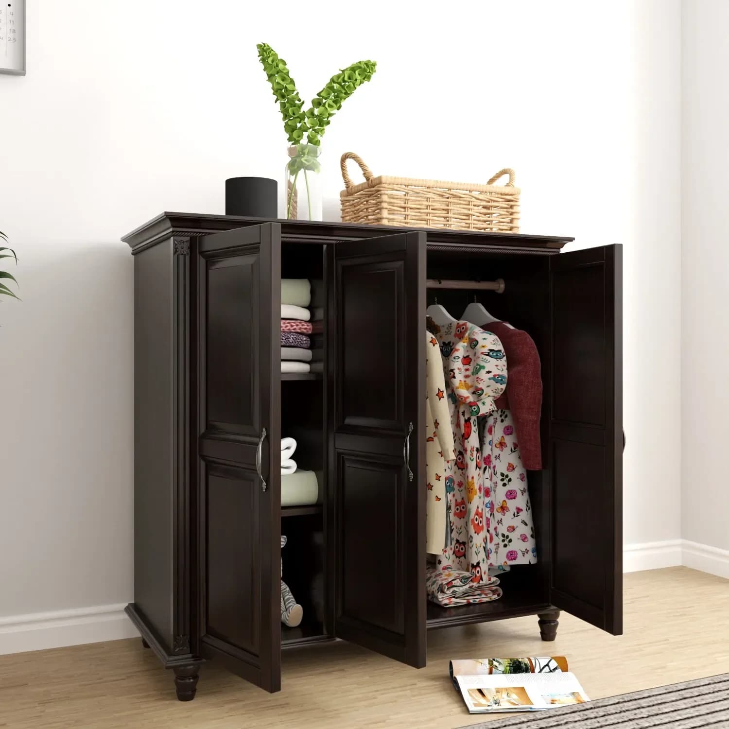 All Solid Wood Retro Dark Walnut Three Or Four Door Wardrobe Small Apartment Short Wardrobex14