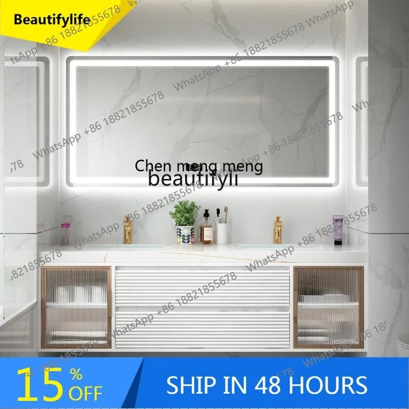 Light Luxury Minimalist Rock Plate Double Wash Basin Solid Wood Smart Bathroom Cabinet Set Combination Washroom Washstand