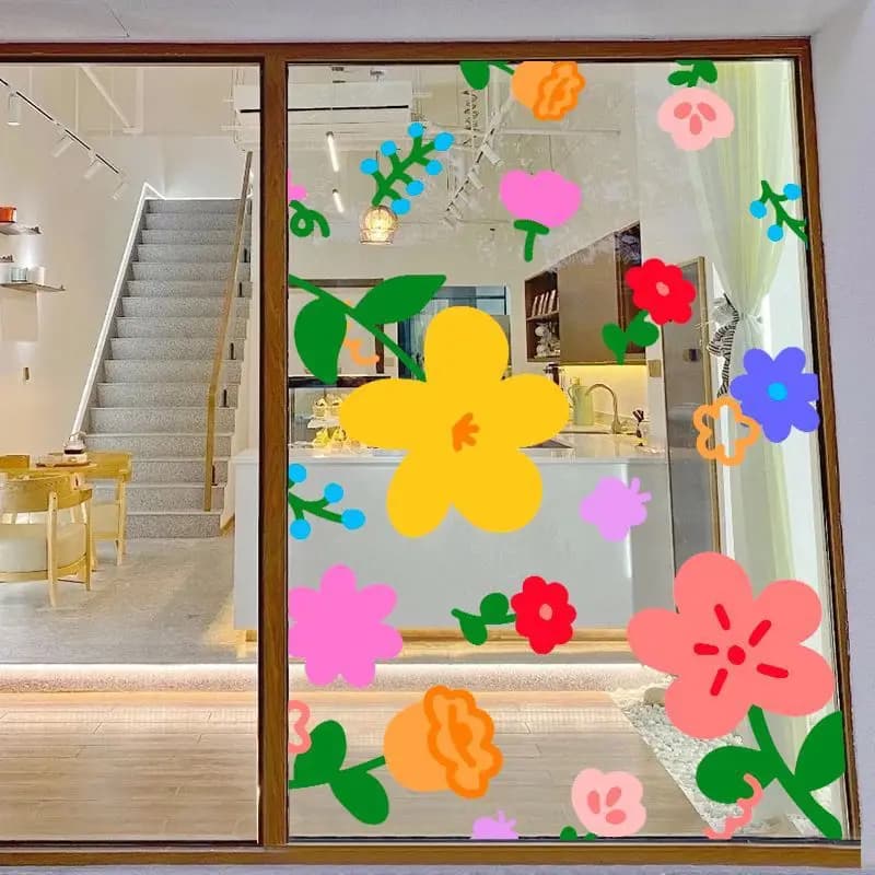 New Fresh Style Floral Stickers Flower Shops Clothing Restaurants Glass Display Windows Cartoon Illustrations Decorative Films