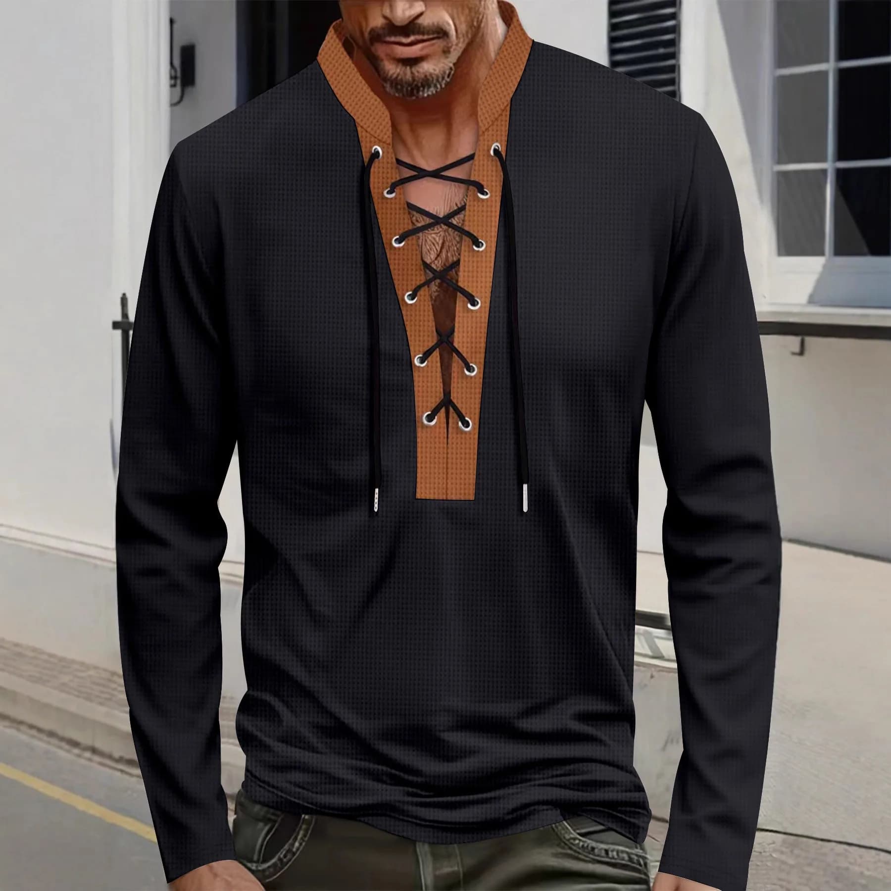 Men's new spring and autumn waffle stitch pullover long-sleeved color-block drawstring stand-up collar trendy T-shirt top