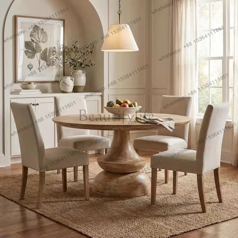 French retro solid wood round dining table for home use