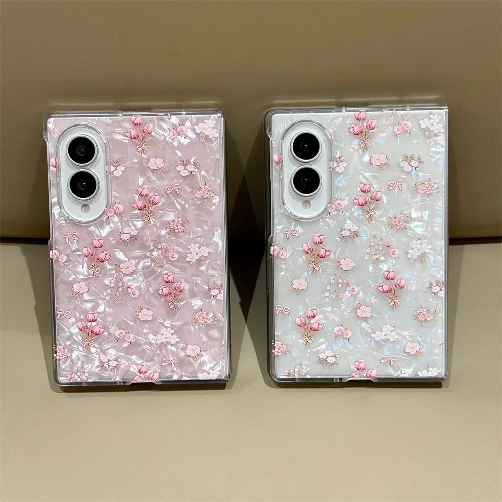 Pink Tulip Floral Shell Texture Phone Case For Samsung Galaxy Z Fold 8 Ultra Z Fold 7 6 5 4 3 Shockproof Folding Phone Cover