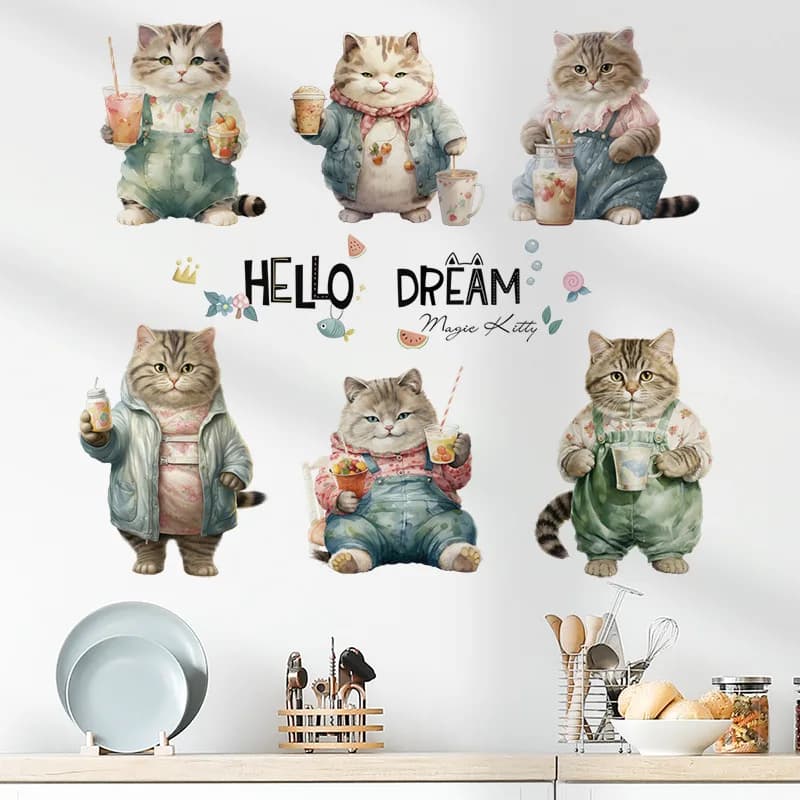 Watercolor Cute Pet Wall Sticker Adorable Cat Children's Room Decoration Stickers Pet Glass Door Decals Self-Adhesive Removable