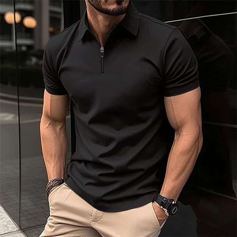 Men's stylish half-zip collar polo shirt, black slim fit short-sleeved top, business casual and versatile, available in 8 colors
