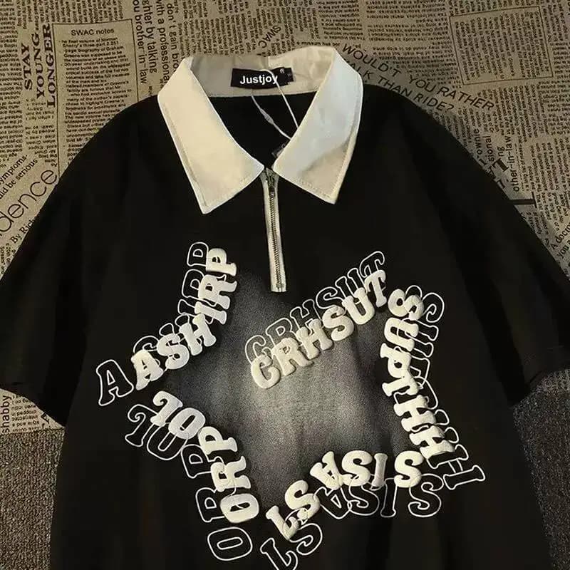 2026 Retro Star Polo Collar Short Sleeve T Shirt Unisex Vintage Half Zip Loose Couple Top Casual Hong Kong Style Daily Street