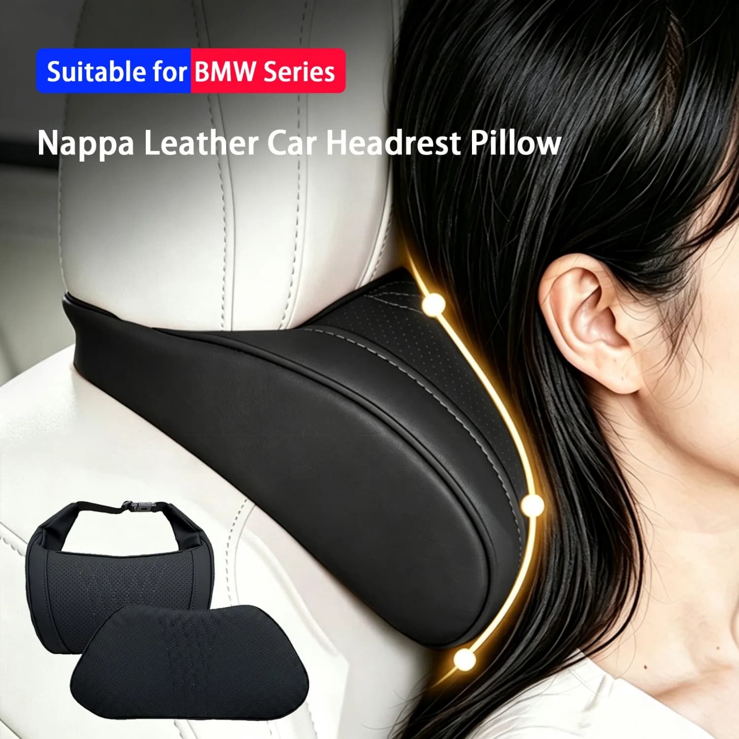 Nappa Leather Car Headrest Lumbar Pillow Breathable Seat Neck Waist Support Cushion Interior Accessory For BMW 1234567 Series